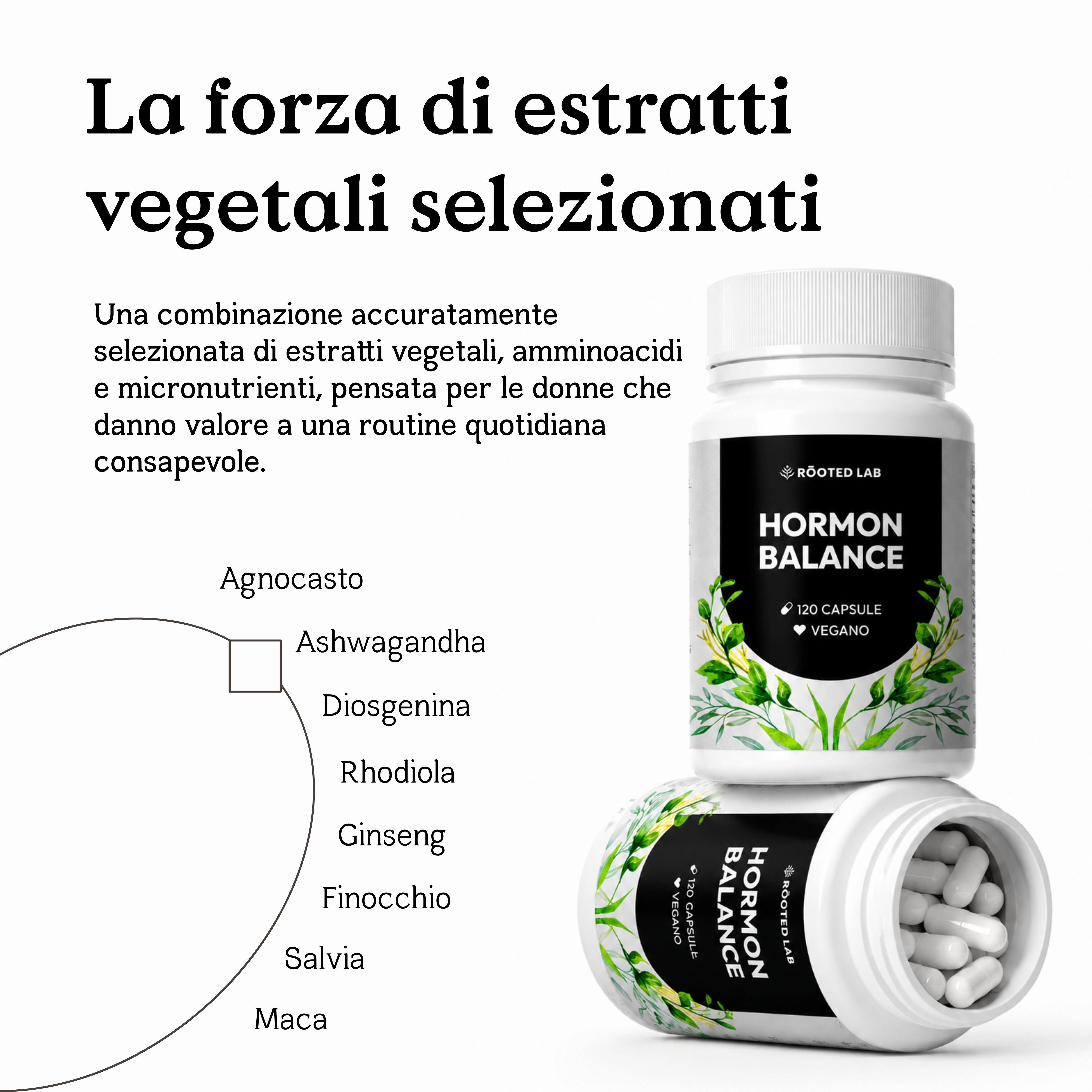 Hormon Balance: Flacone da 120 capsule vegane, con elenco di ingredienti vegetali.