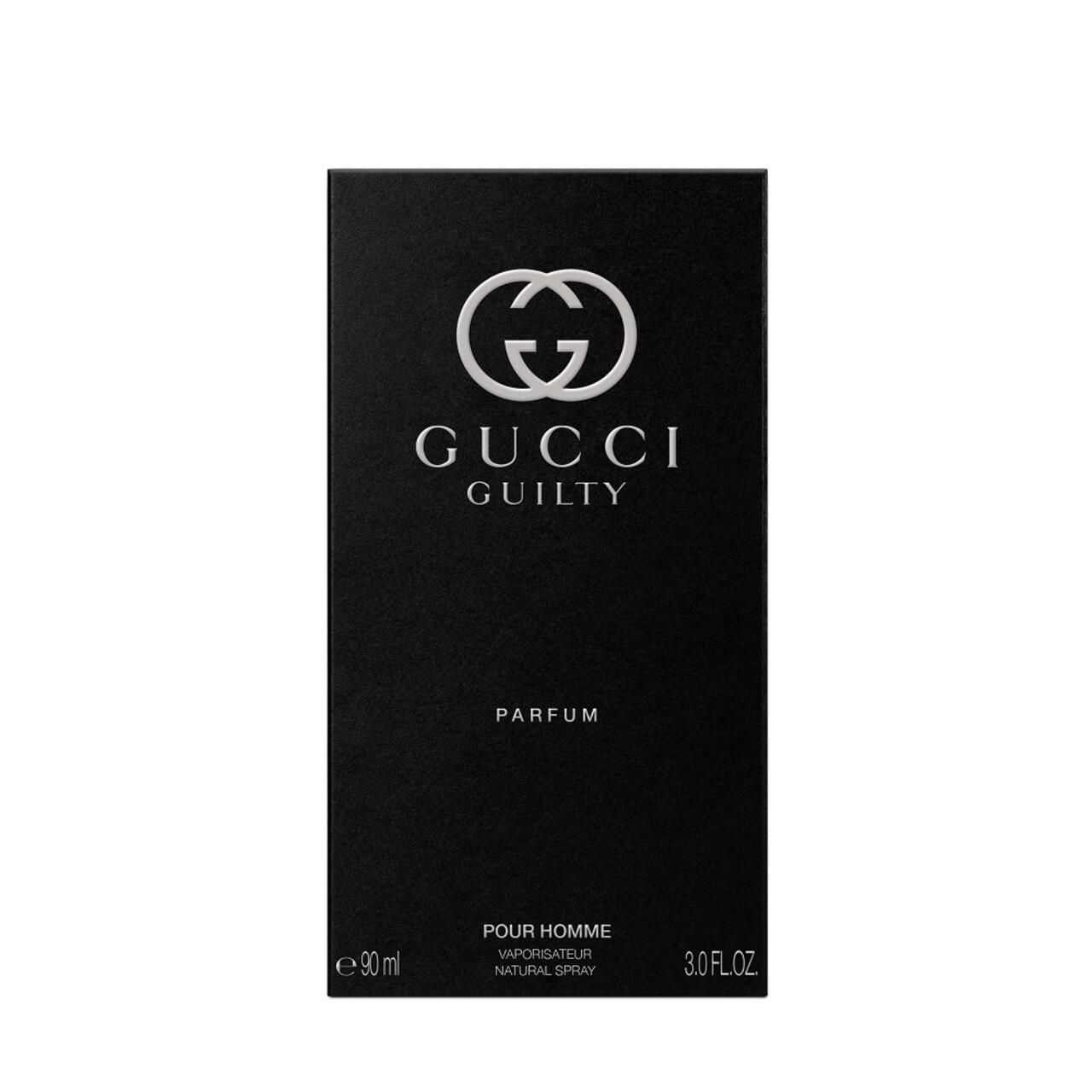 Confezione nera. Gucci Guilty Parfum. Logo e testo.
