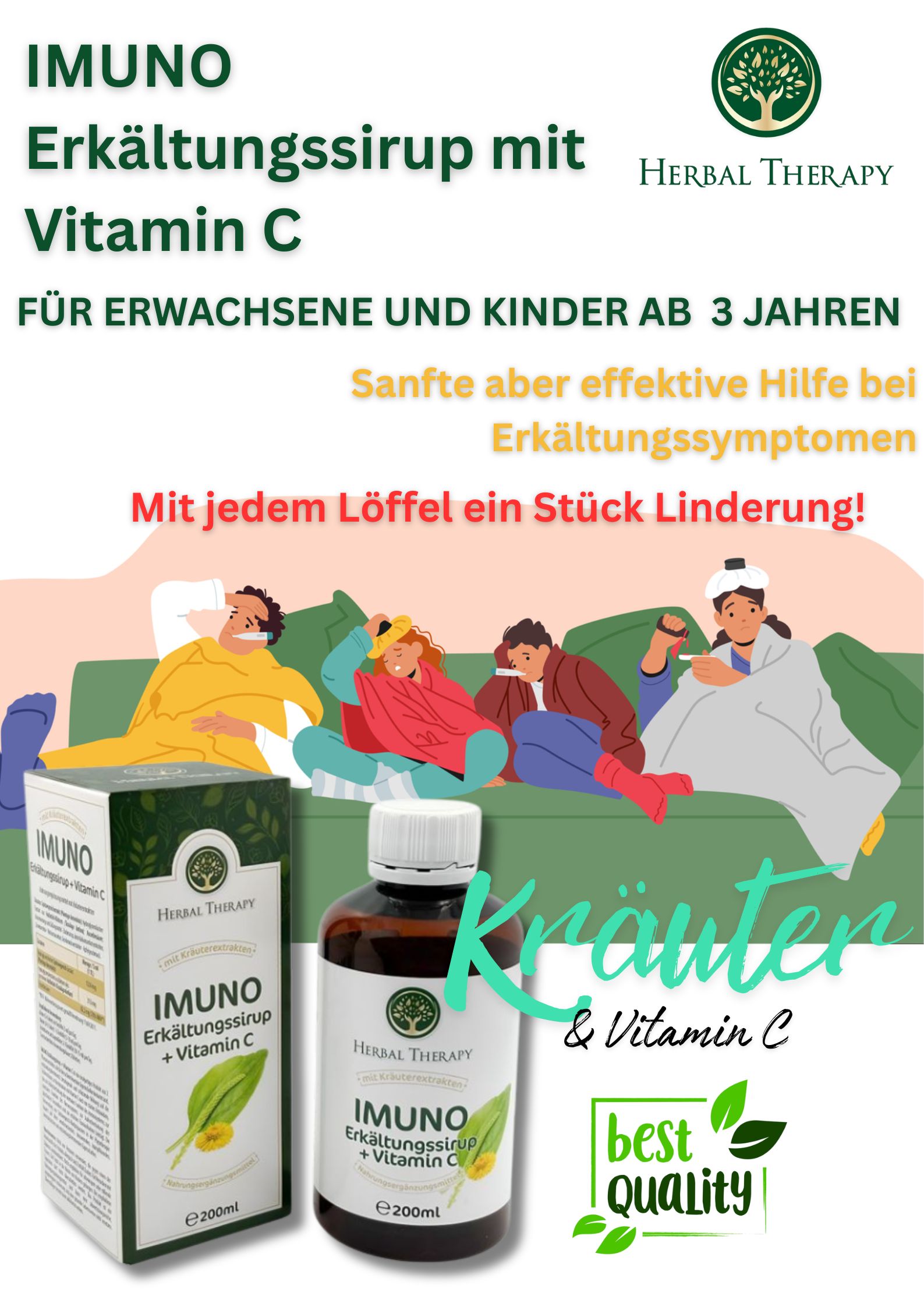Persone su un divano. Bottiglia e scatola con scritta: IMUNO Erkältungssirup + Vitamina C. Logo Herbal Therapy.