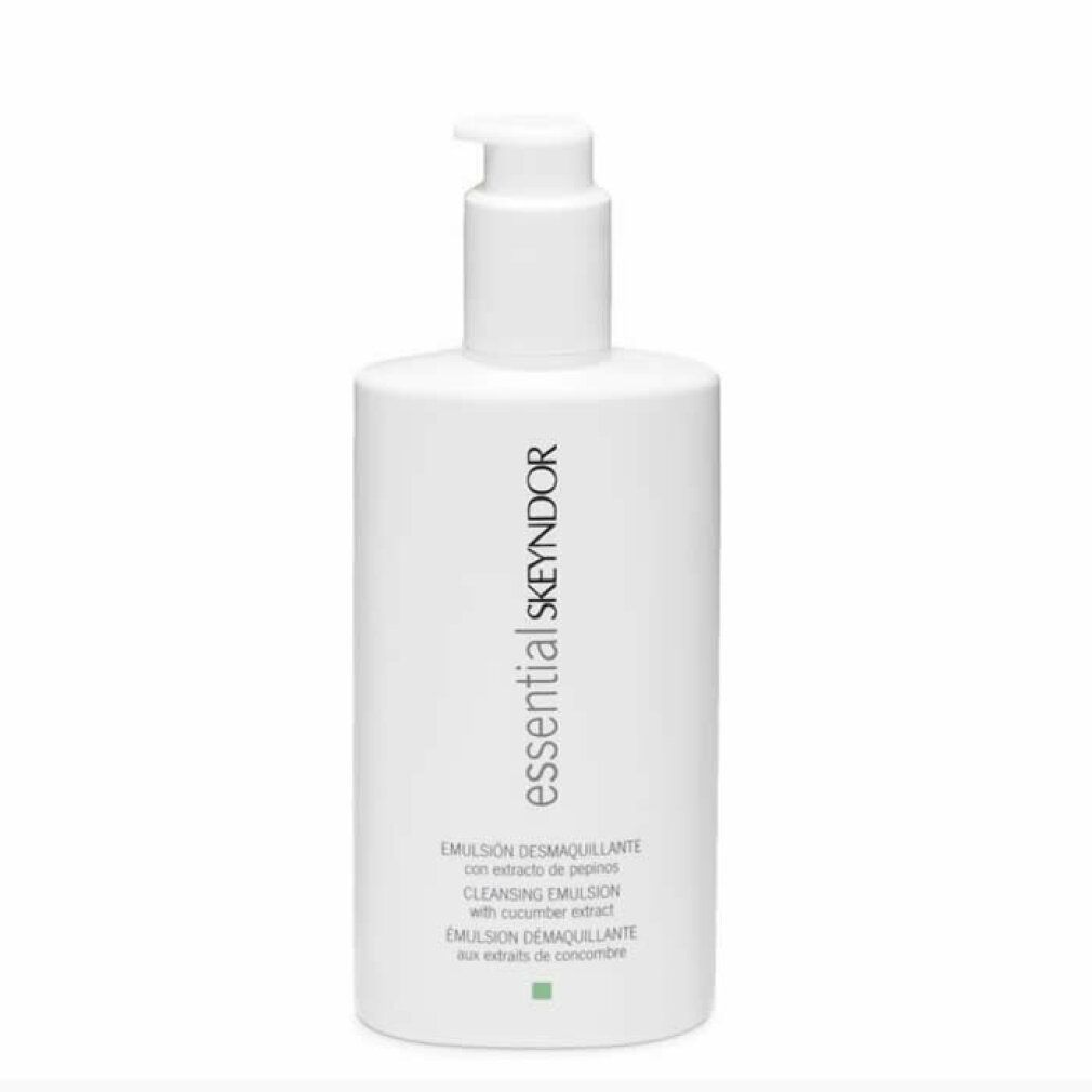 Flacone bianco con dosatore. Scritta: essential SKEYNDOR. Testo: Emulsión desmaquillante con extracto de pepino. Cleansing emulsion with cucumber extract.