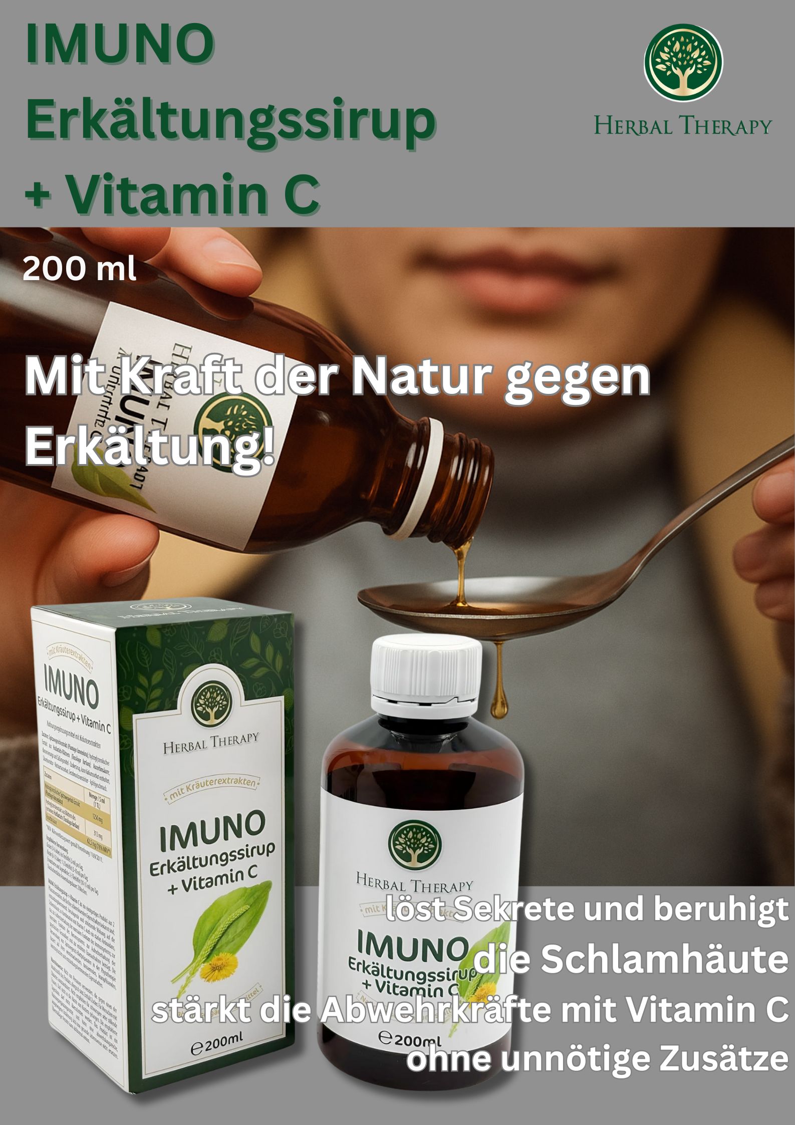 Sciroppo versato in un cucchiaio. Bottiglia e scatola con scritta: IMUNO Erkältungssirup + Vitamina C. E200ml.