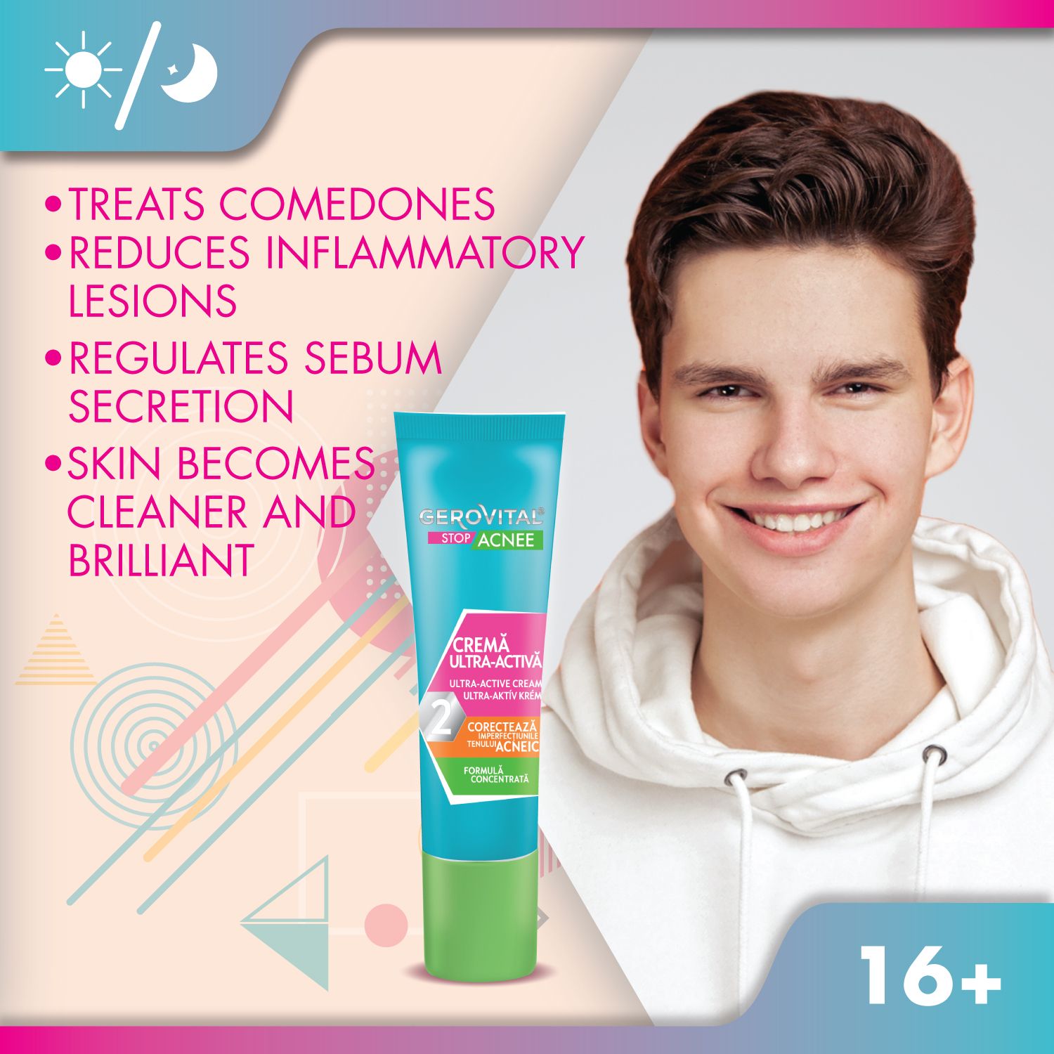 Tubo di prodotto accanto a un uomo sorridente. Testo: Tratta i comedoni, riduce l'infiammazione.