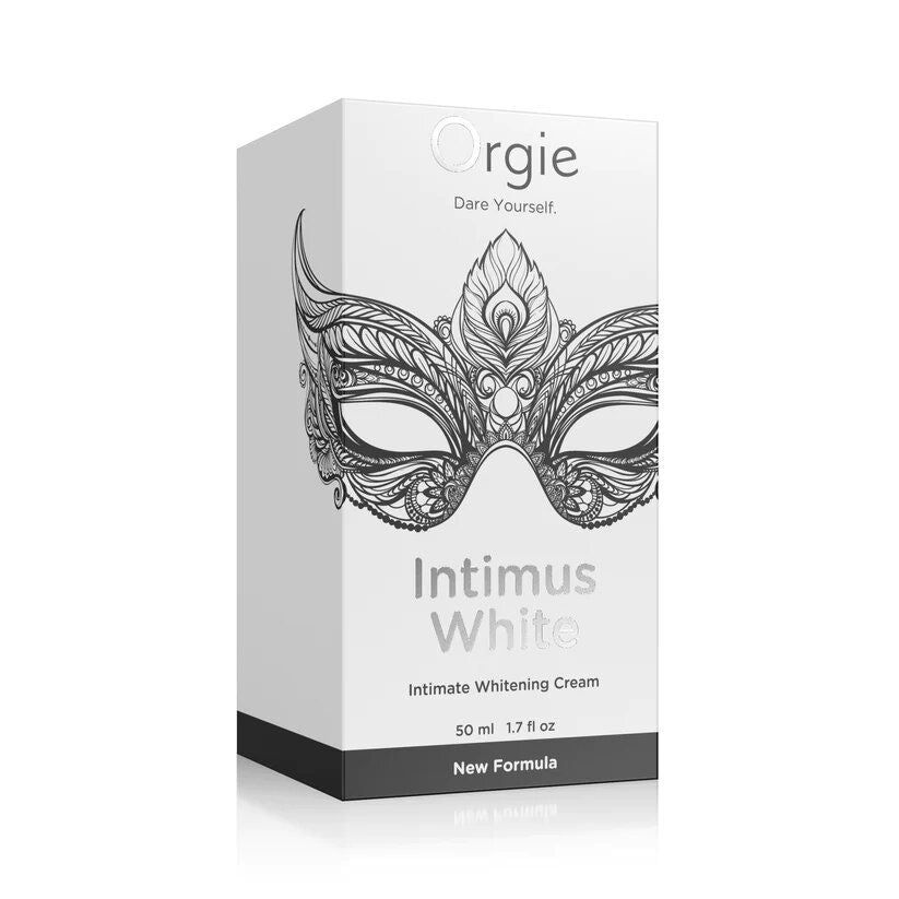 Confezione bianca con base nera. Scritta: Orgie, Intimus White, Intimate Whitening Cream. 50 ml. New Formula.