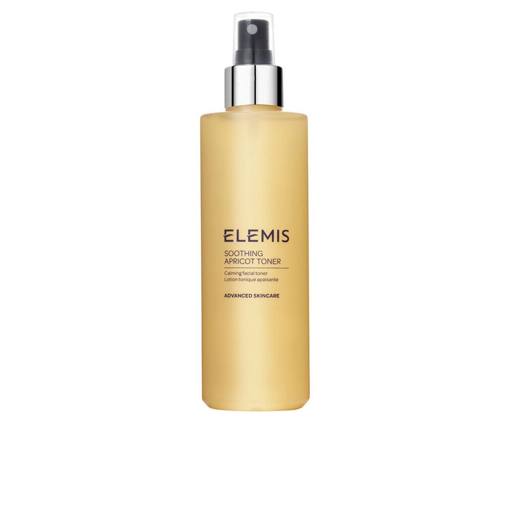 Flacone beige con erogatore spray. Scritta: Elemis, Soothing Apricot Toner. Testo sottostante.