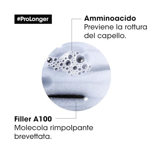 Primo piano della schiuma. Testo: Filler A100, Aminoacido. Previene la rottura. Logo: Pro longer.