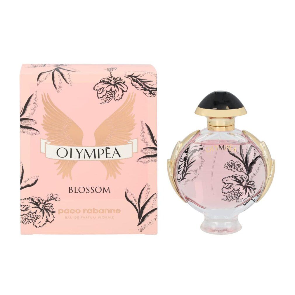 Scatola e flacone rosa. Scritta Olympéa Blossom. Flacone rotondo, liquido rosa, design floreale. Marca Paco Rabanne.