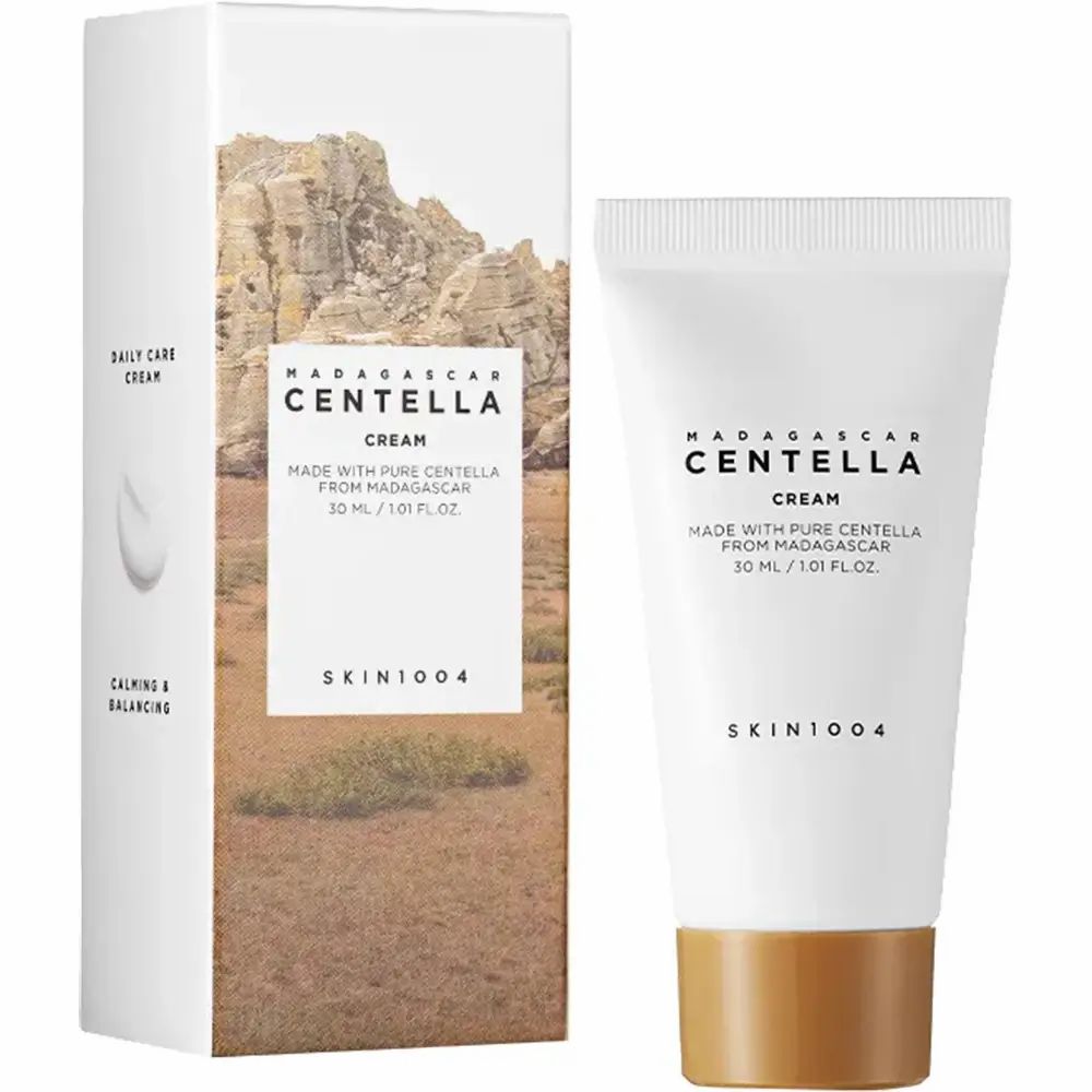 Confezione e tubo. Scritta: MADAGASCAR CENTELLA CREAM, SKIN1004. 30 ml.