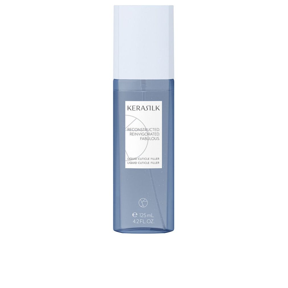 Flacone blu trasparente con tappo bianco. Scritta: KERASILK, RECONSTRUCTED, REVIGORATED, FABULOUS, LIQUID CUTICLE FILLER. 125ml.