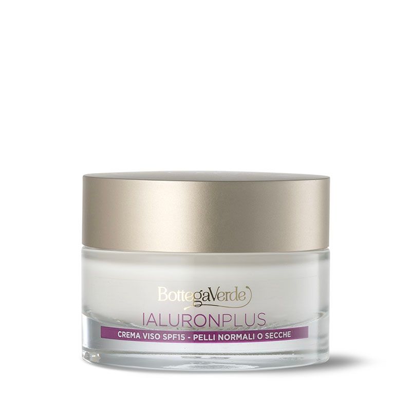 Vasetto di crema con coperchio dorato. Scritta: Bottega Verde, IALURONPLUS, Creme viso SPF15, Pelli normali o secche.