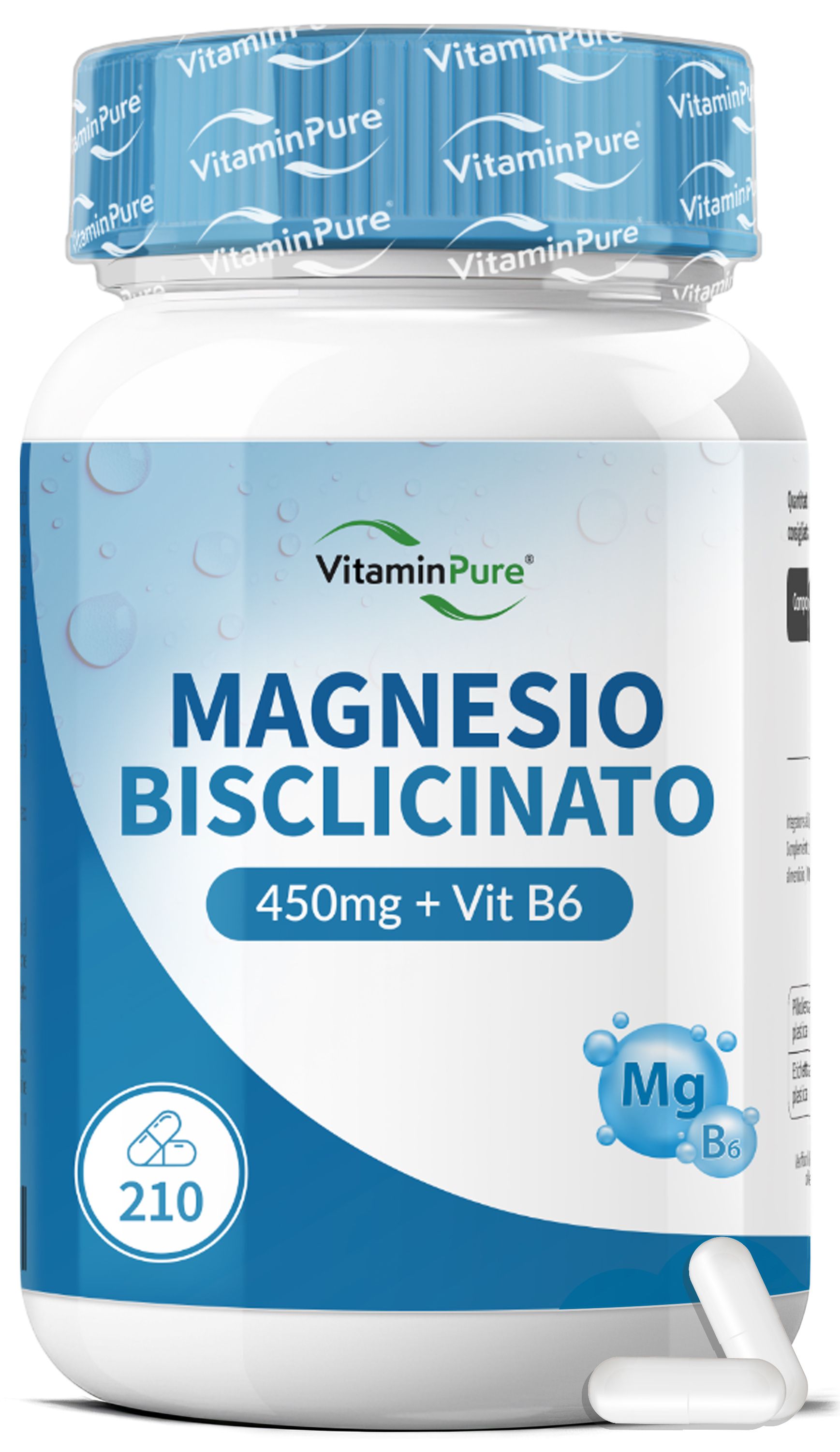 Integratore alimentare bianco in flacone. Scritta: MAGNESIO BISGLICINATO 450mg + Vit B6. 210 capsule. Capsule bianche.