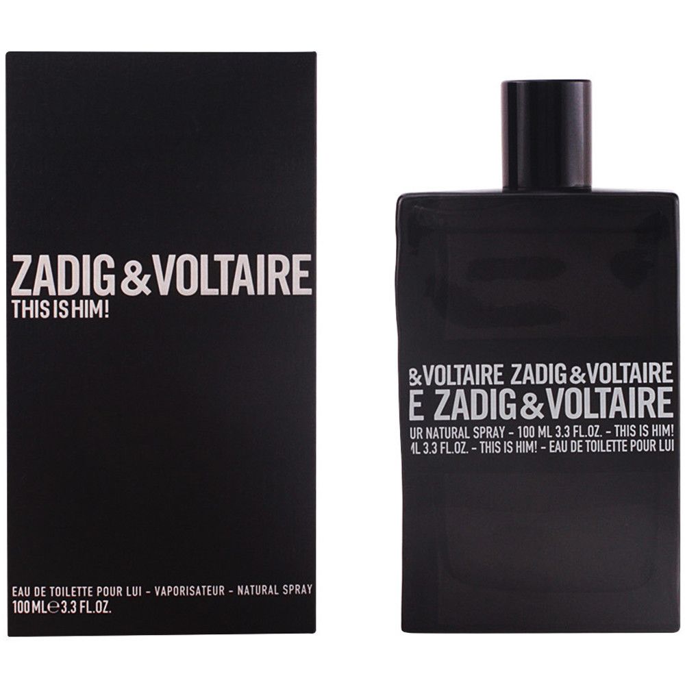 Flacone e confezione neri. Scritta: ZADIG & VOLTAIRE THIS IS HIM! Eau de Toilette pour lui.