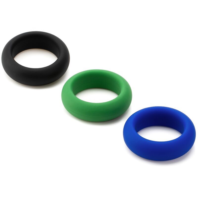 Tre anelli in silicone neri, verdi e blu.