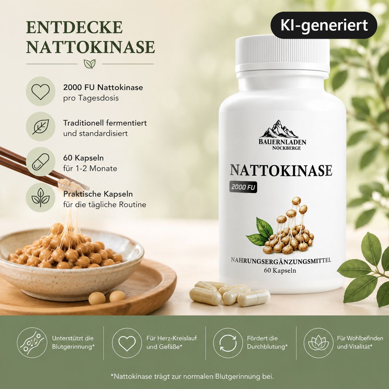 Flacone di capsule di Nattokinase, accanto a una ciotola di semi di soia fermentati e bacchette.