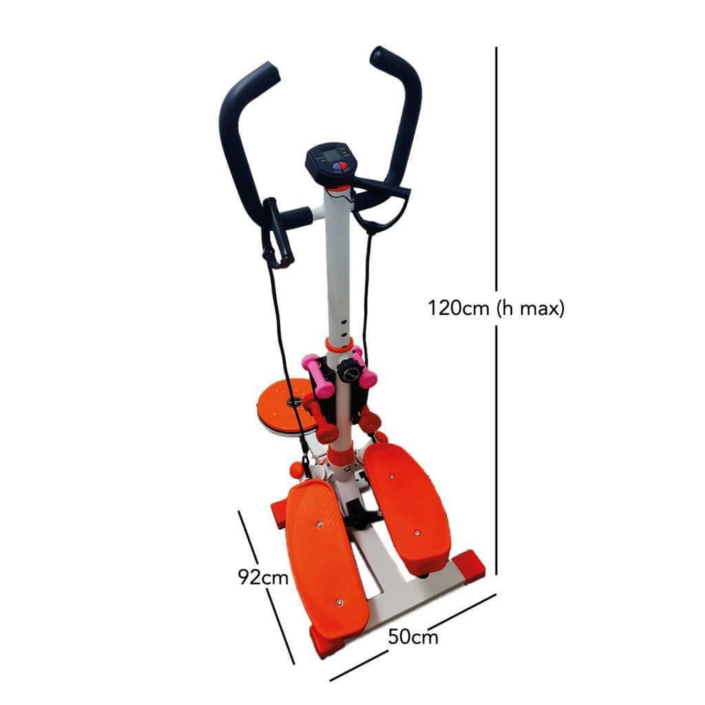 Stepper Twister fitness con dimensioni. Altezza 120cm, larghezza 92cm, profondità 50cm. Pedane arancioni, maniglie nere.