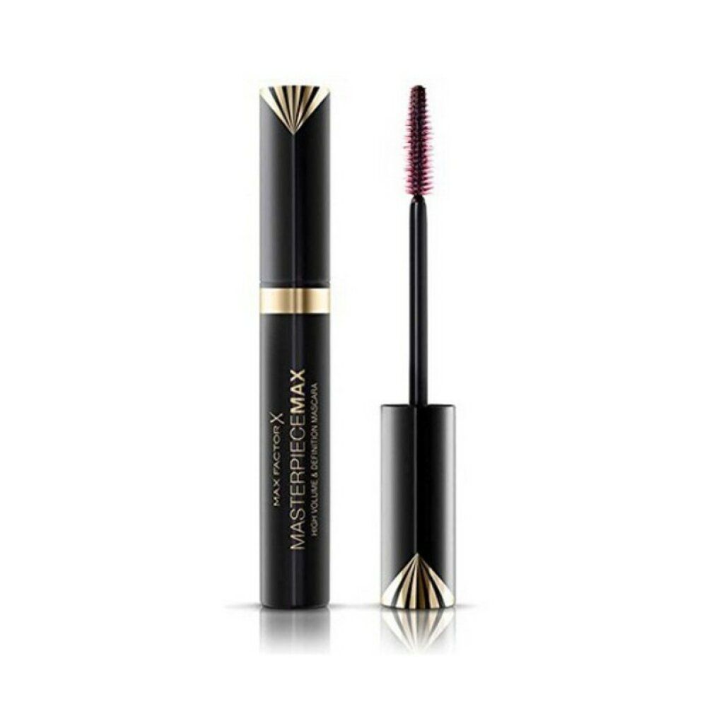 Mascara nero con applicatore aperto. Scritta: Max Factor Masterpiece Max High Volume & Definition Mascara.