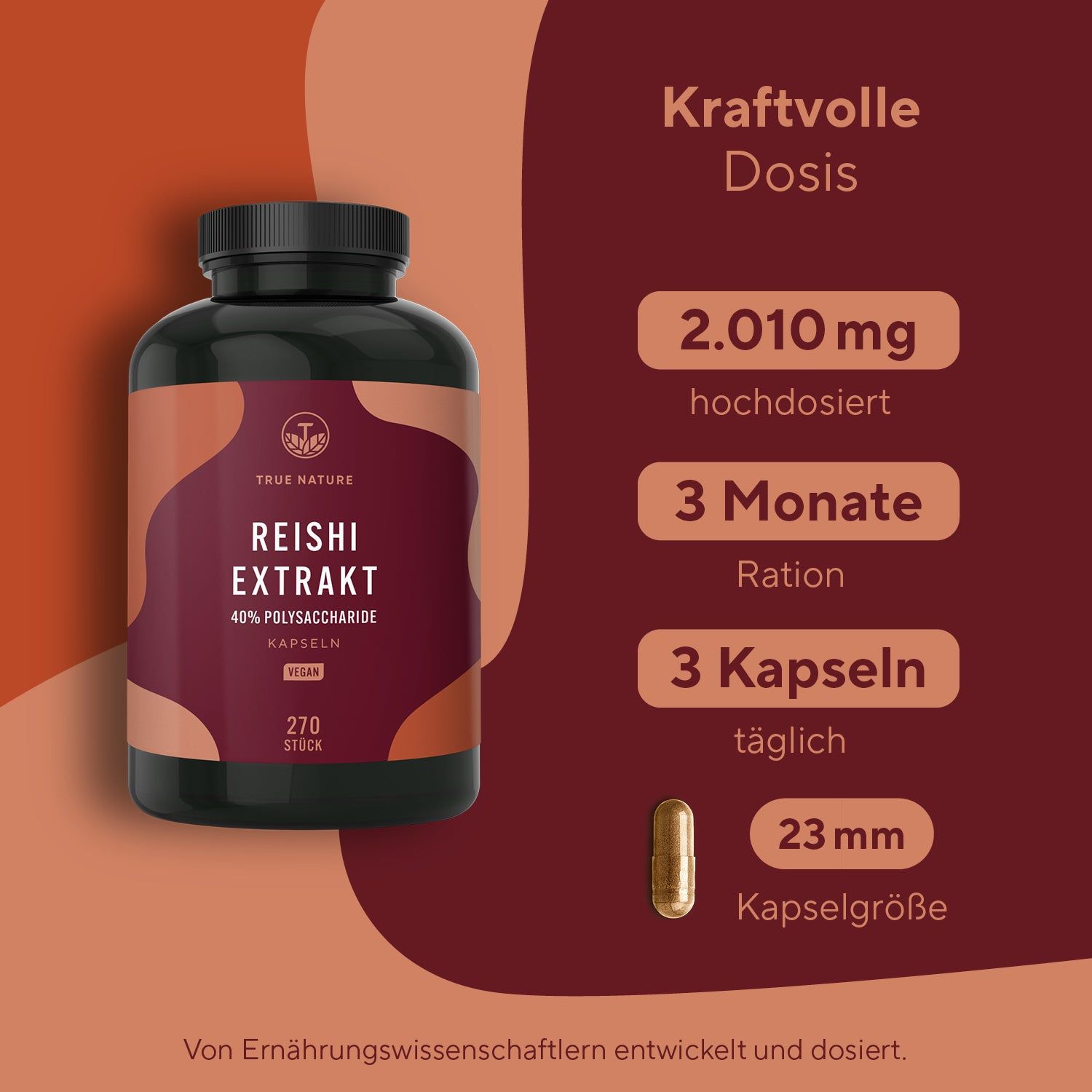 Flacone marrone con capsule. Testo: Reishi Extrakt, 40% polisaccaridi, 270 pezzi, vegano. 3 capsule al giorno, 23 mm.