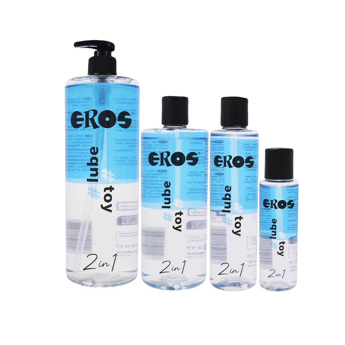 Diverse bottiglie con tappo nero. Scritta: EROS, #lube, #toy, 2in1. Liquido trasparente.