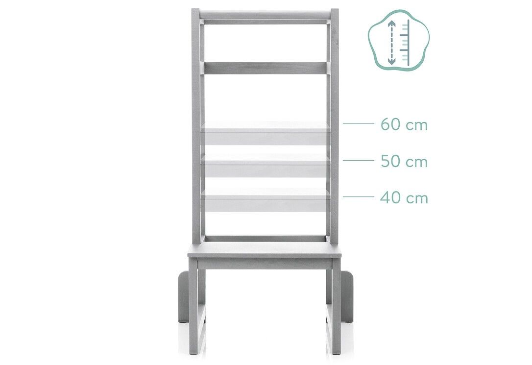 Torre di apprendimento grigia con altezze regolabili di 40, 50 e 60 cm. Vista frontale con indicazioni di altezza.
