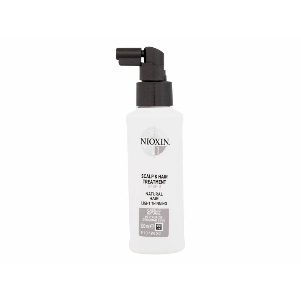 Flacone bianco con erogatore nero. Scritta: Nioxin, Scalp & Hair Treatment, Natural Hair, Light Thinning.