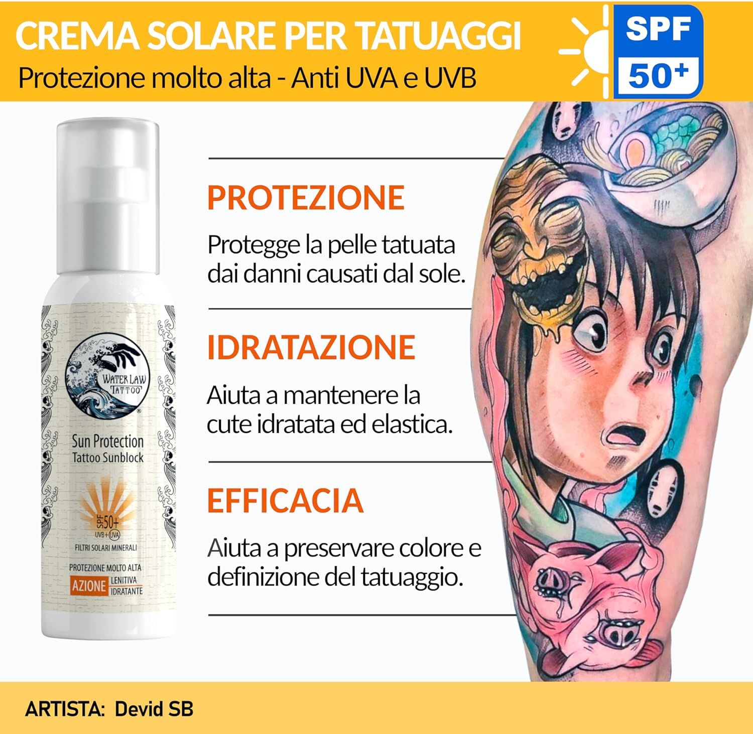 Flacone di crema solare accanto a braccio tatuato. Testo: Protezione, idratazione, efficacia. SPF 50+. Anti-UVA e UVB.