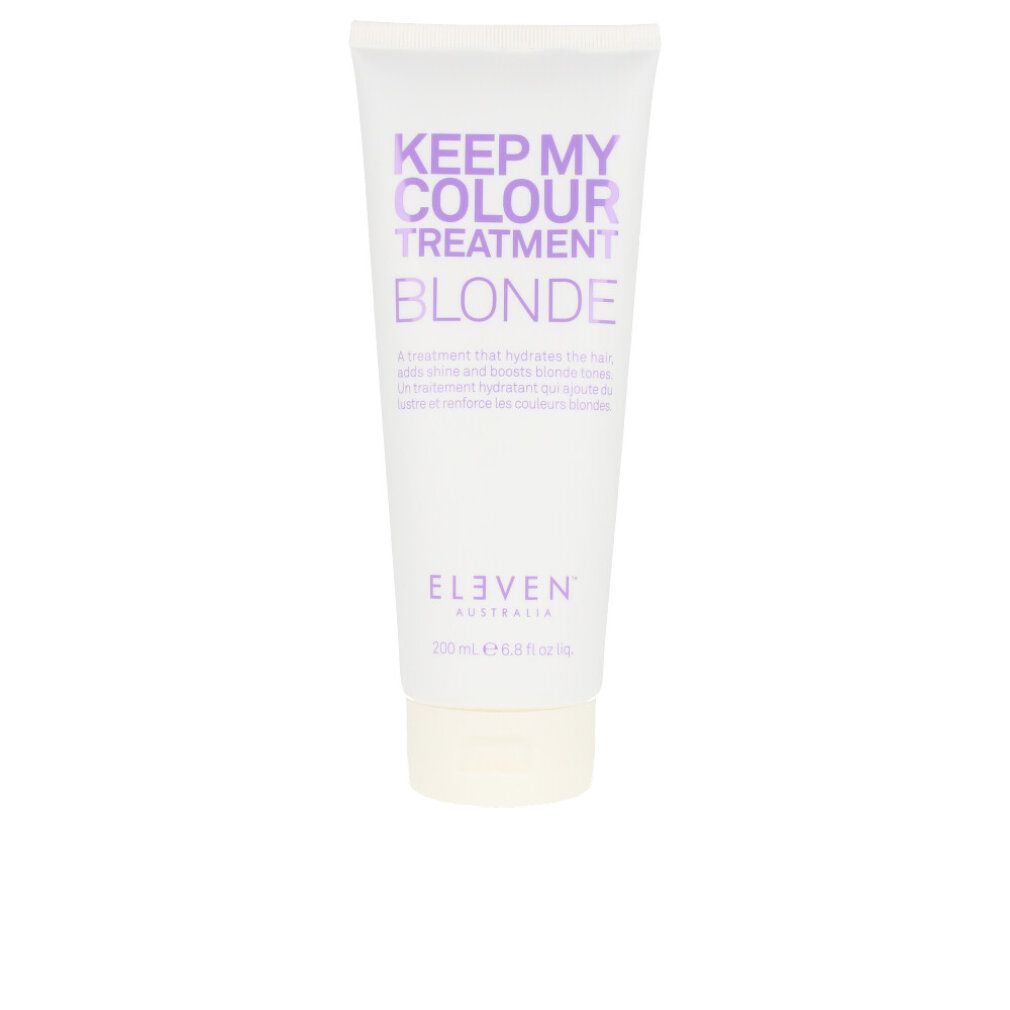 Tubo bianco con scritta viola: Keep My Colour Treatment Blonde. Contiene 200 ml.