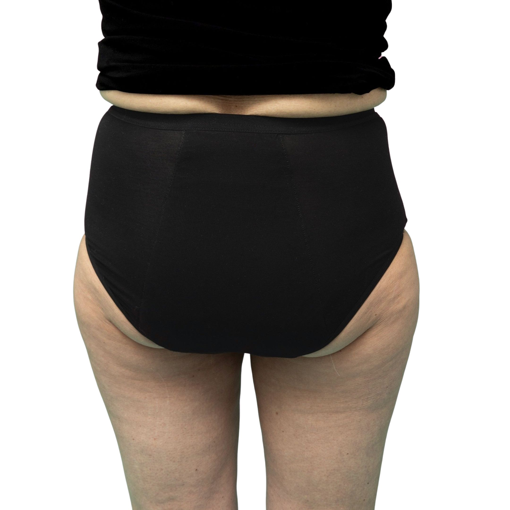 Vista posteriore di una donna con slip per incontinenza nero. Vita alta, copre i glutei.