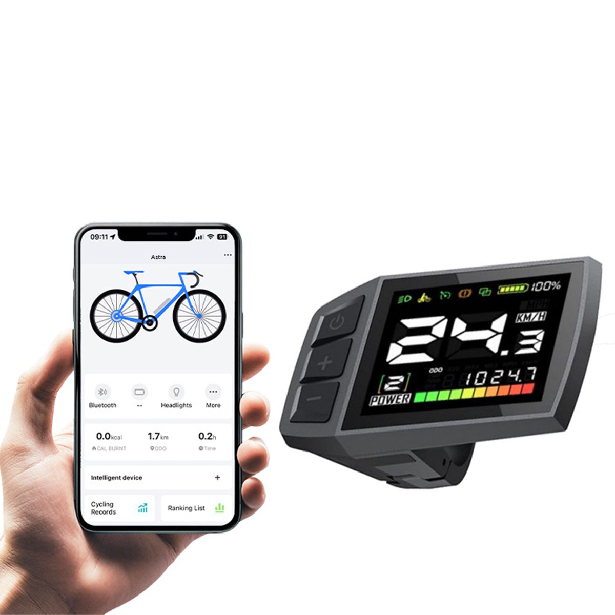 Smartphone con app e simbolo bici. Display digitale con velocità, potenza e dati.