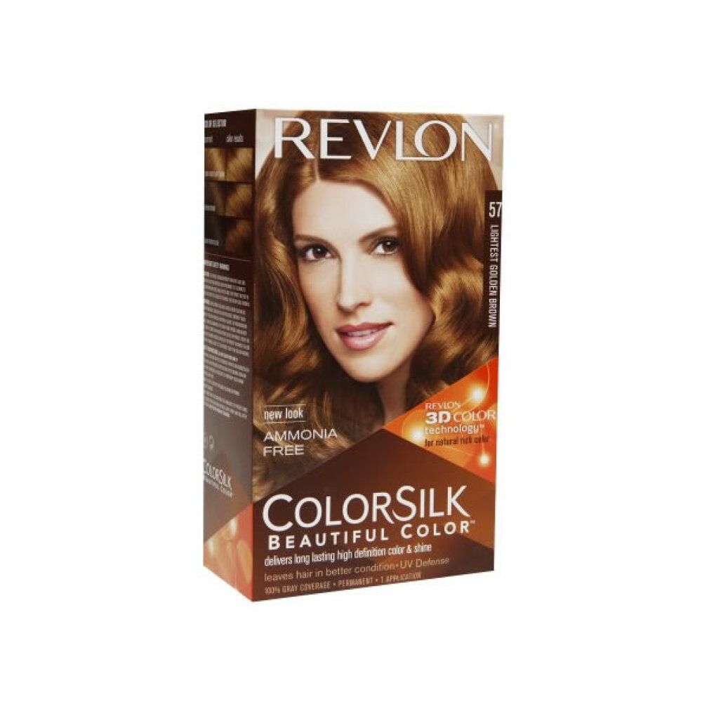 Confezione di tinta per capelli Revlon Colorsilk 57 Lightest Golden Brown. Donna con capelli castano dorato. Testo: senza ammoniaca, tecnologia 3D Color.