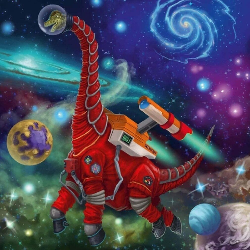 Illustrazione di un dinosauro in tuta spaziale. Tuta rossa, casco, propulsore. Sfondo: spazio con pianeti e stelle.