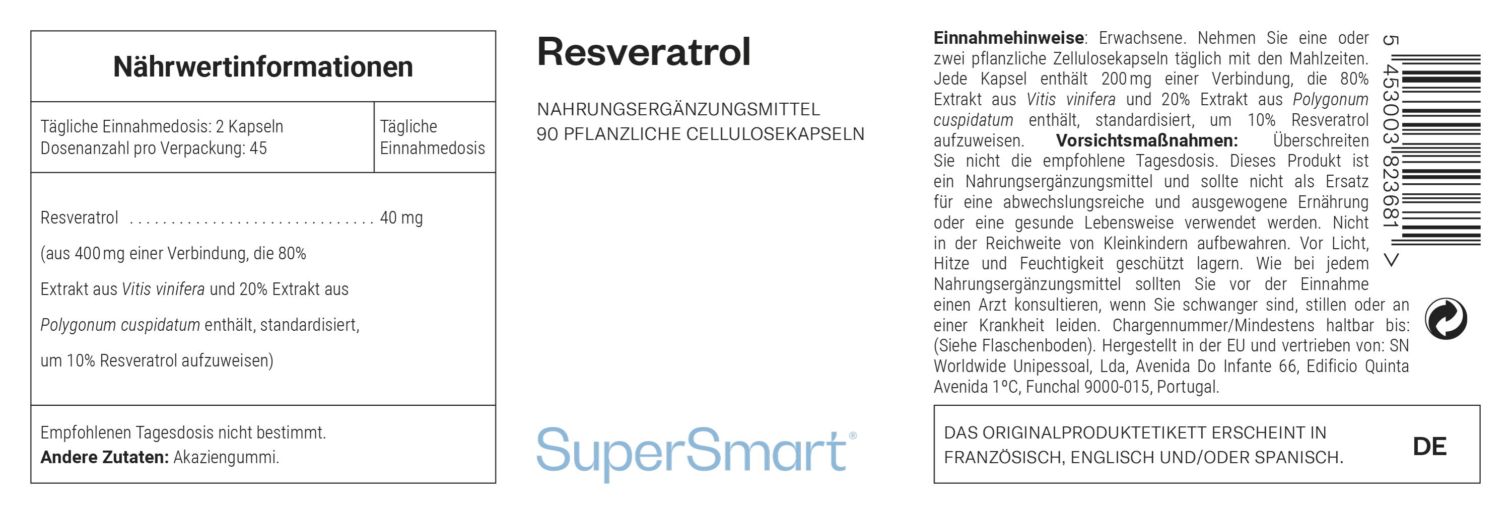 Etichetta con informazioni nutrizionali. Resveratrolo, 90 capsule. Marchio SuperSmart. Ingredienti e raccomandazioni d'uso.