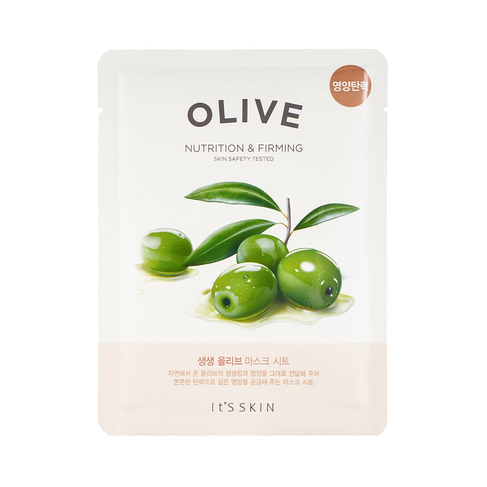 Confezione bianca con illustrazione di olive. Testo: OLIVE, Nutrition & Firming, SKIN SAFETY TESTED. Marchio: It's SKIN. Testo coreano.