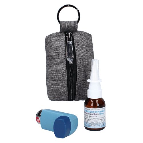 Borsa per medicinali grigia con portachiavi, aperta, mostra inalatore e spray nasale.
