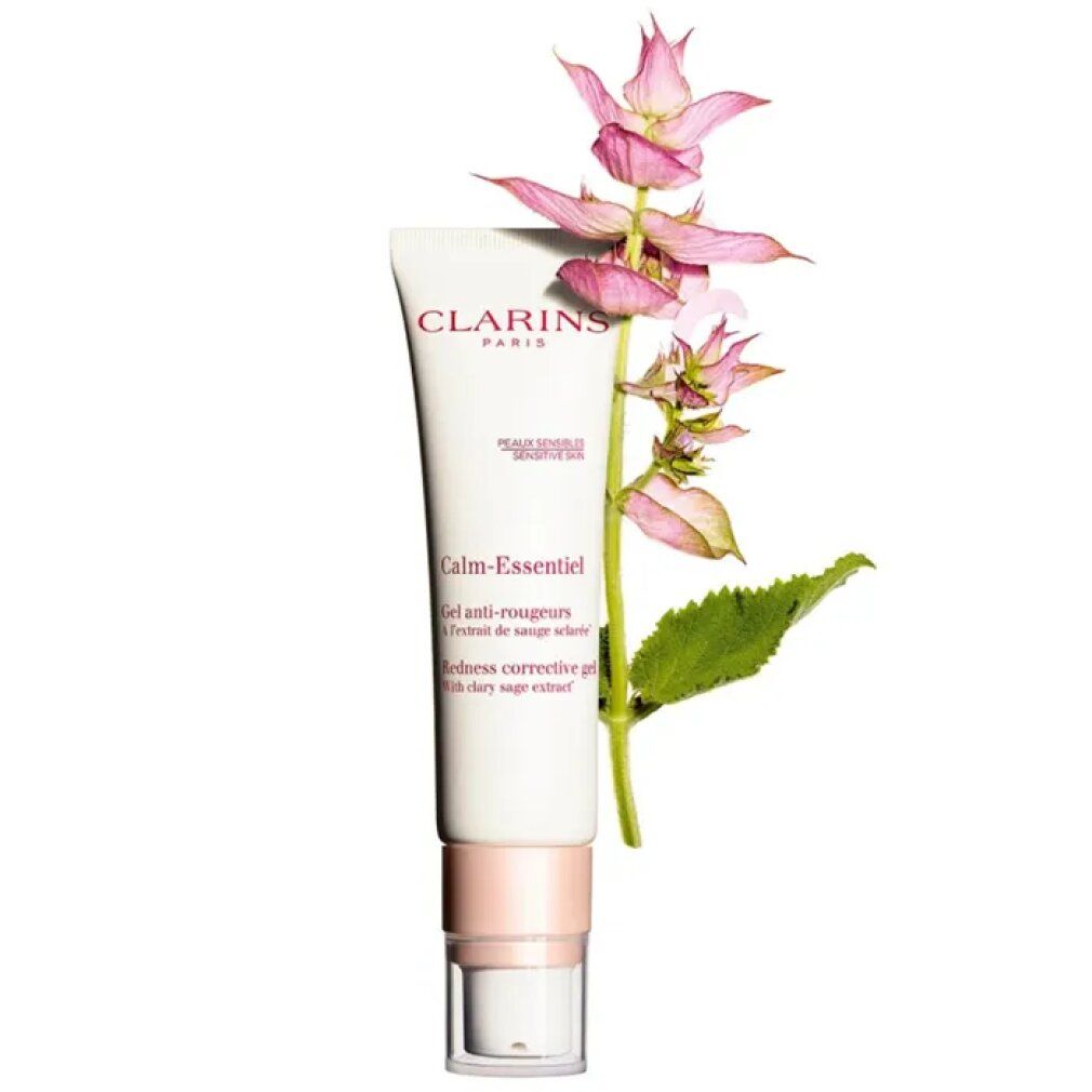 Tubo CLARINS Calm-Essentiel Gel anti-rougeurs. Con fiori rosa. Testo: Calm-Essentiel, Gel anti-rougeurs, Extrait de sauge sclarée.