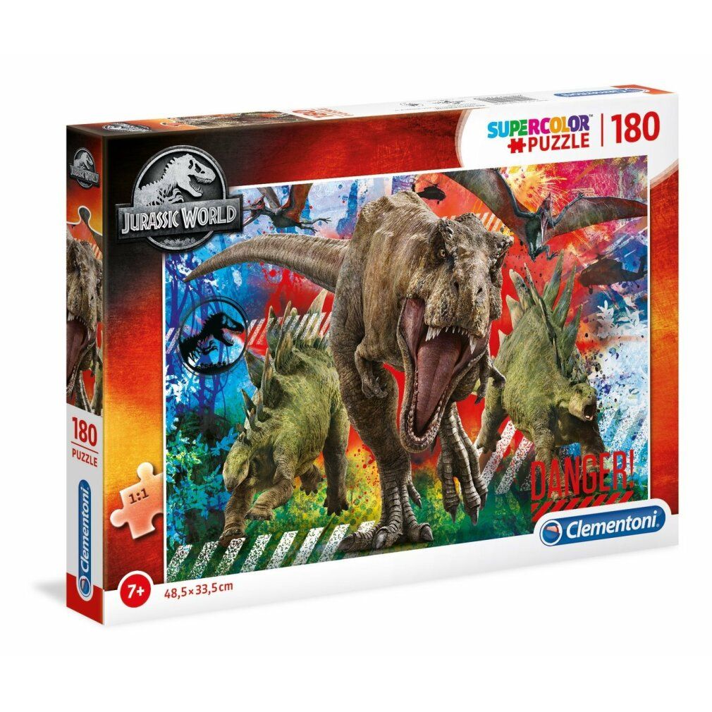 Scatola puzzle Jurassic World, 180 pezzi, dimensioni 48,5x33,5cm. Immagine di dinosauri. Marca: Clementoni.