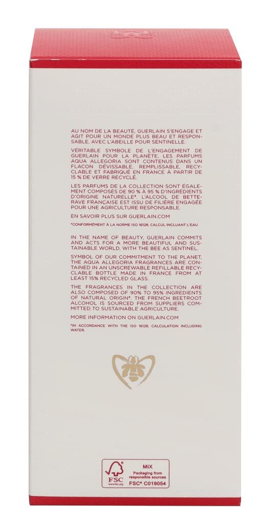 Confezione. Aqua Allegoria. Guerlain. Testo. Logo FSC. Informazioni sul riciclaggio. Testo in francese e inglese.