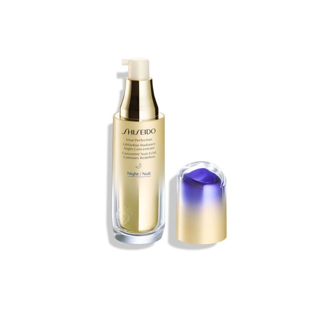 Flacone dorato con pompa e tappo viola separato. Scritta: Shiseido Vital Perfection LiftDefine Radiance.
