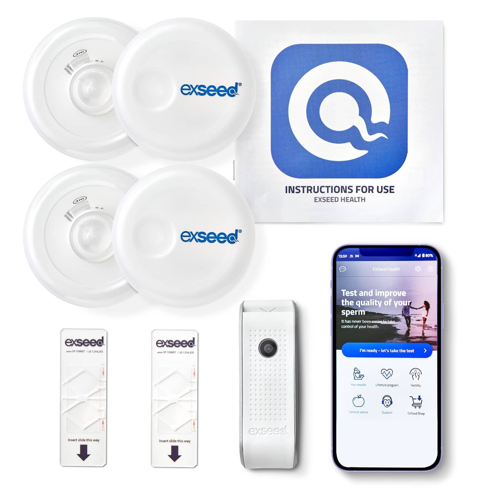 Componenti del kit di test. Contenitori, strisce reattive, dispositivo di test, libretto di istruzioni. Smartphone con display dell'app.