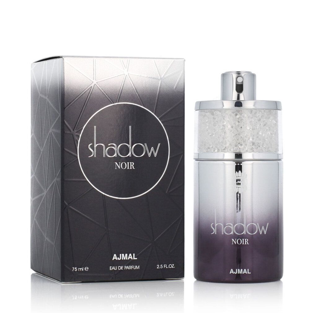 Flacone di profumo e scatola. Flacone argento-nero, scritta Shadow Noir, Ajmal. Scatola con rilievo.