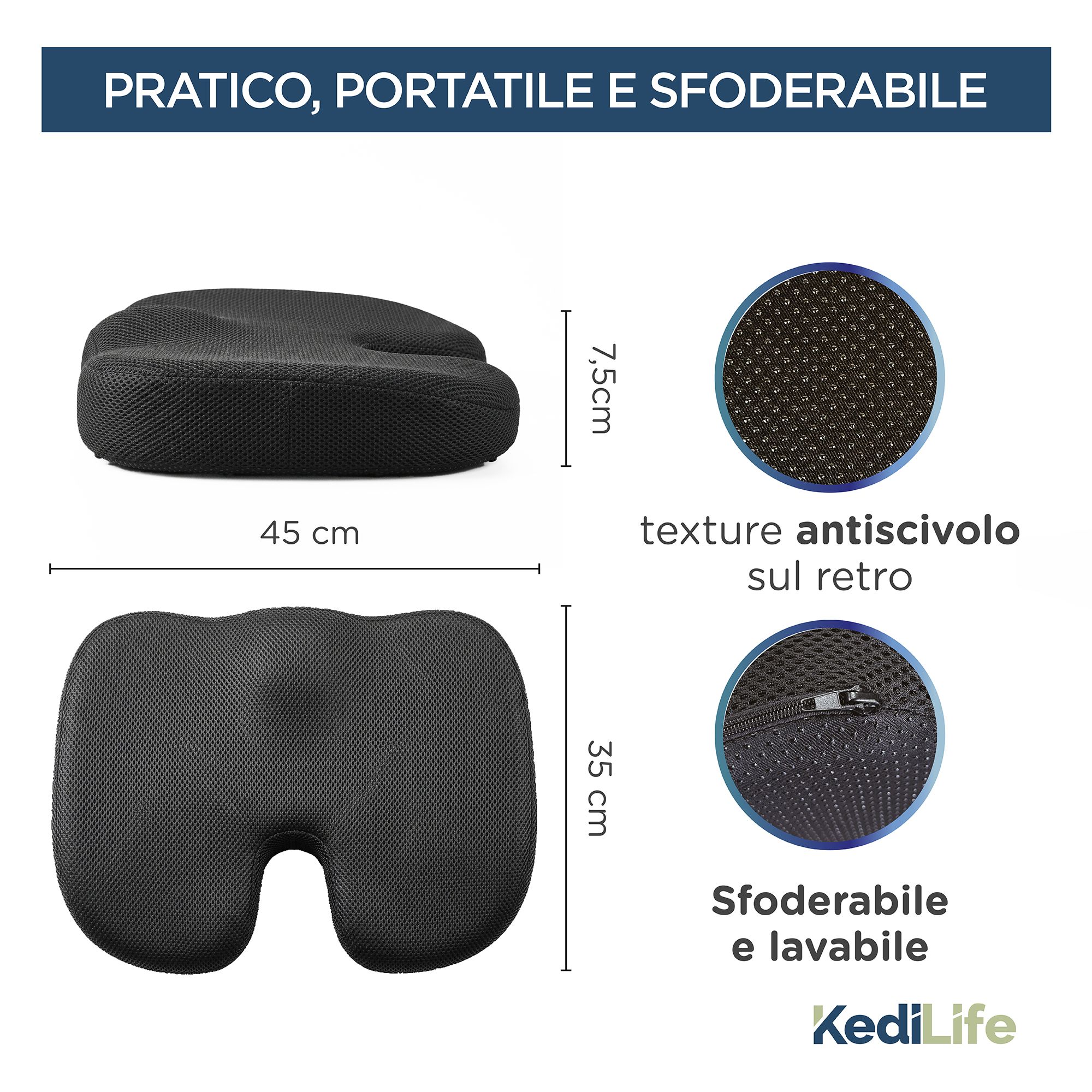 Cuscino ergonomico, 45x35 cm, alto 7,5 cm. Rivestimento sfoderabile.