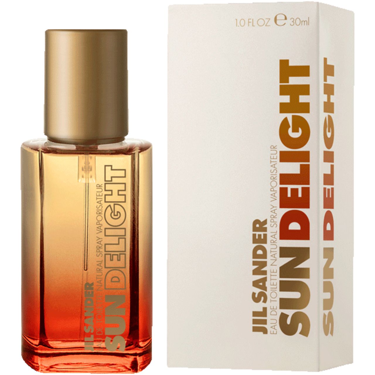 Flacone di profumo e confezione. Flacone con tappo dorato. Confezione con scritta SUN DELIGHT.
