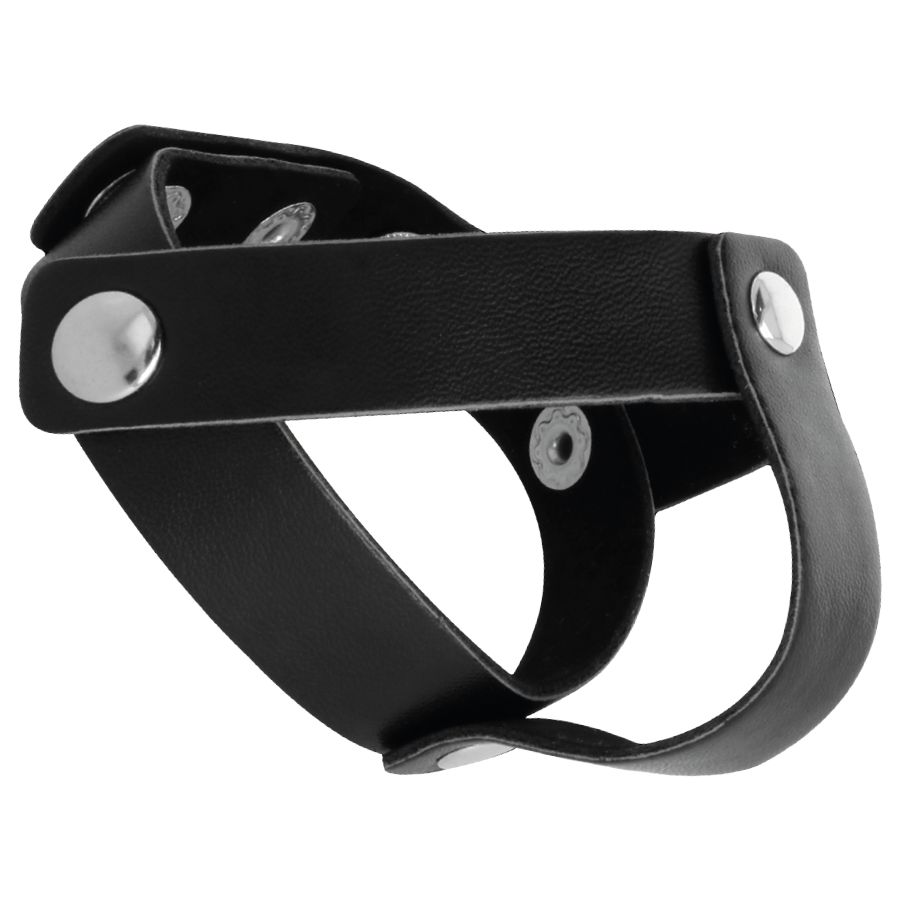 Harnais per pene in pelle nera con rivetti argentati, in pelle.