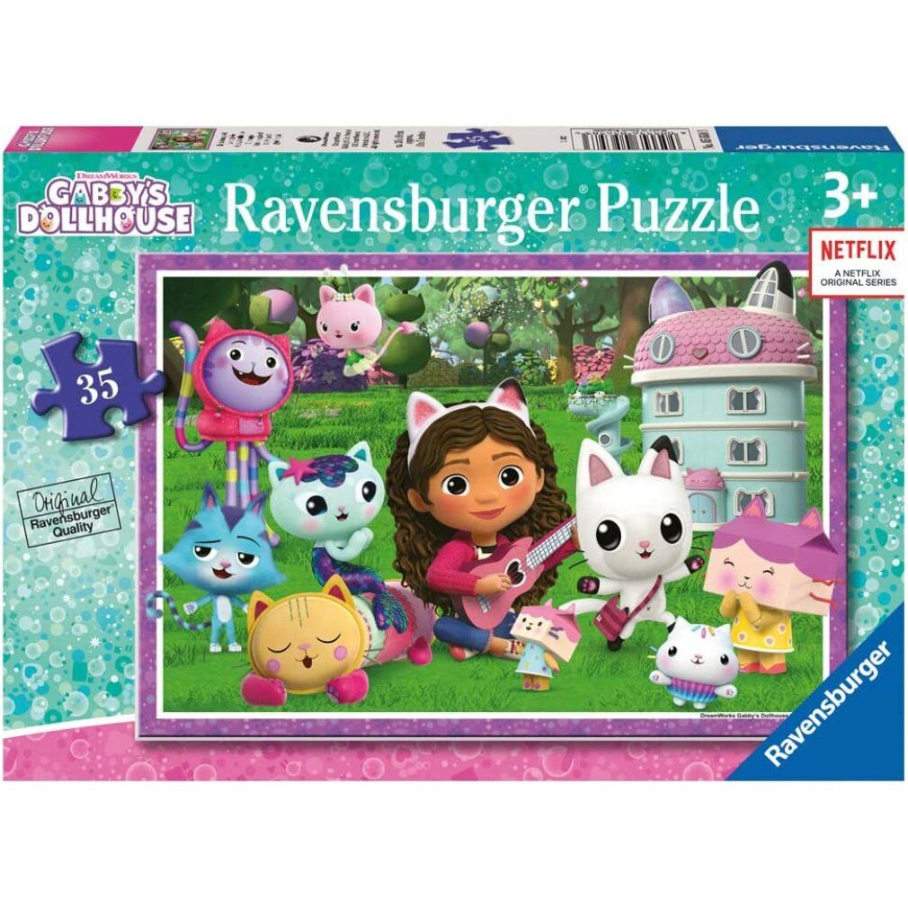 Scatola puzzle Gabby's Puppenhaus. 35 pezzi, Ravensburger. Logo Netflix. Immagine con Gabby e personaggi gatto.