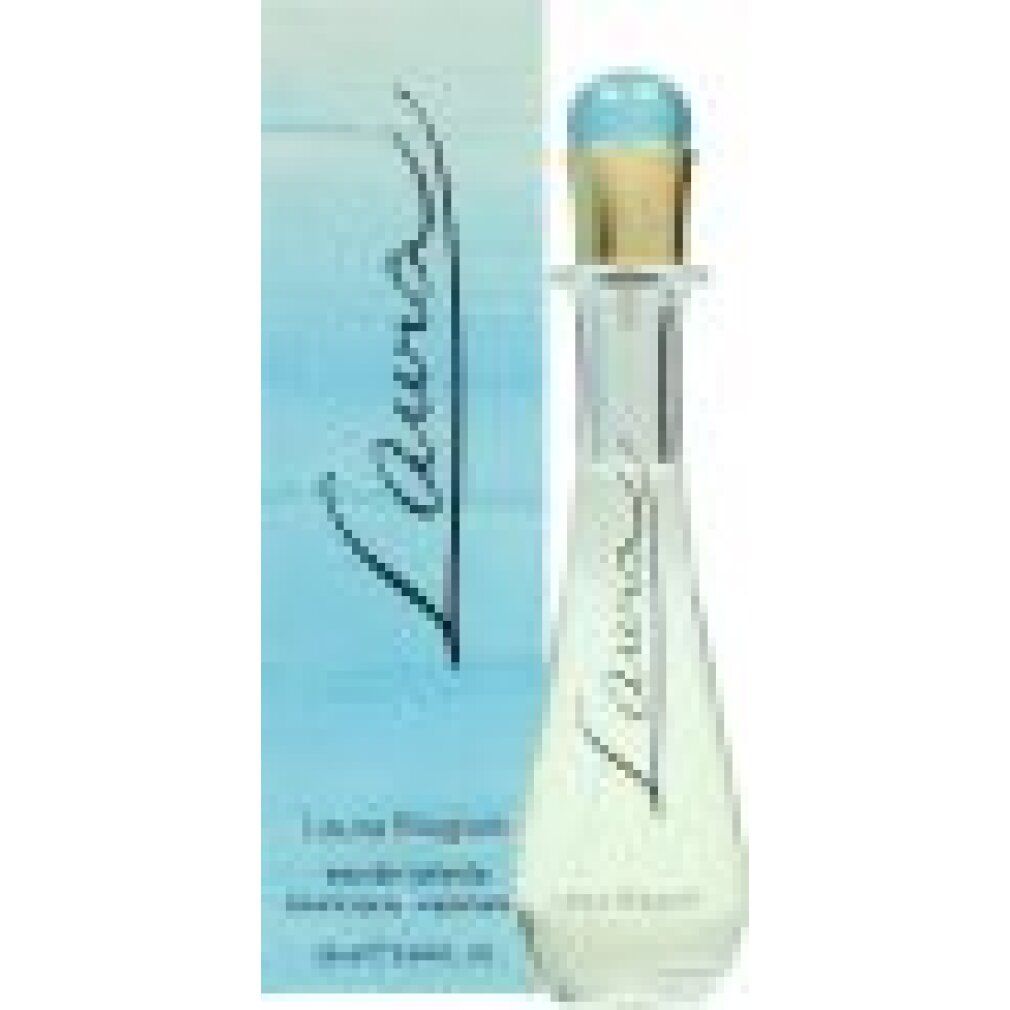 Laura Biagiotti Laura Eau de Toilette Vaporisateur. Flacone con liquido chiaro, tappo azzurro, confezione.