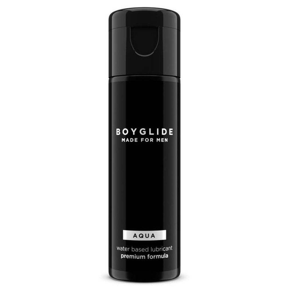 Flacone nero con tappo a ribalta. Scritta: BOYGLIDE MADE FOR MEN, AQUA, water based lubricant, premium formula.