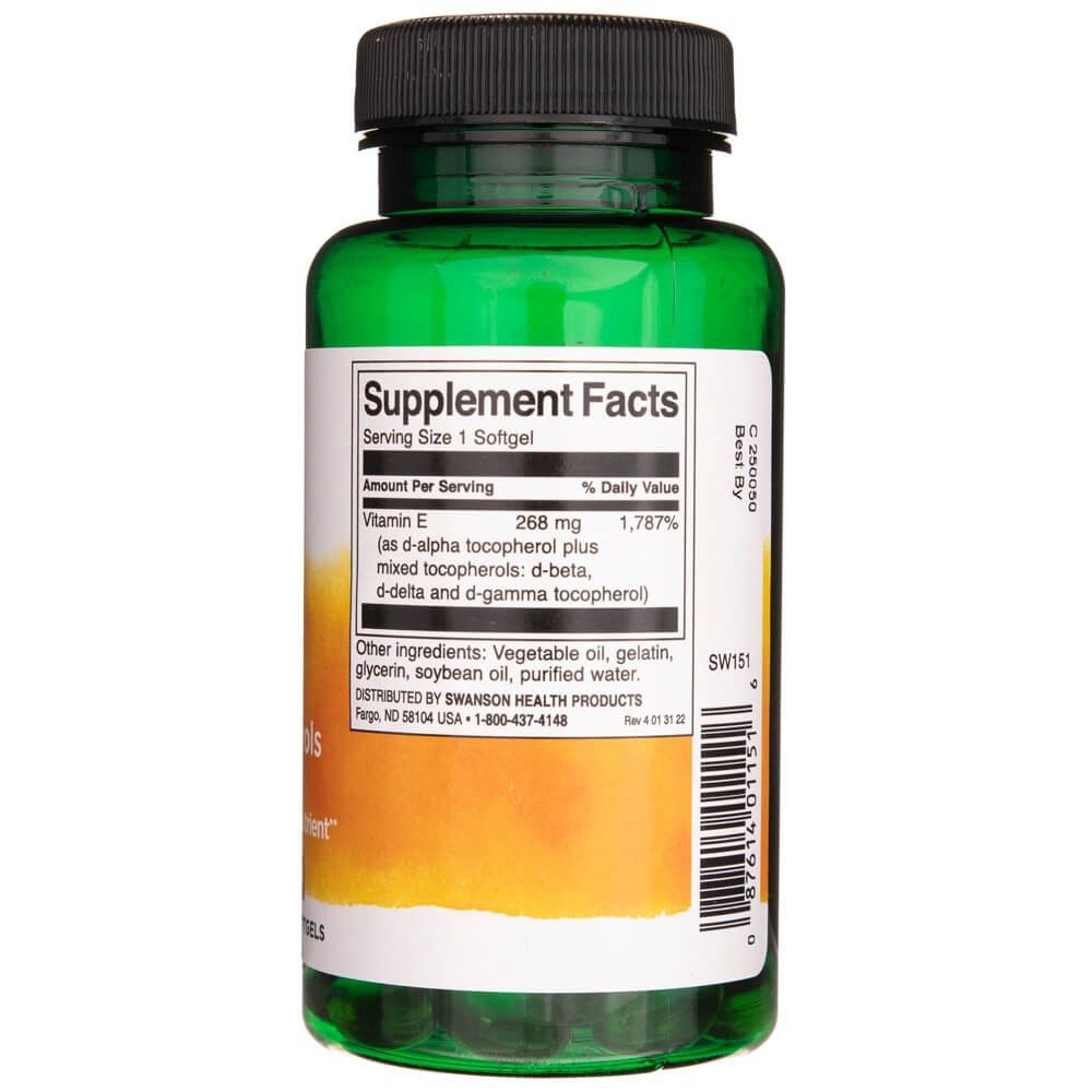 Retro di un flacone verde di SWANSON Vitamina E Tocoferoli Misti, informazioni nutrizionali.