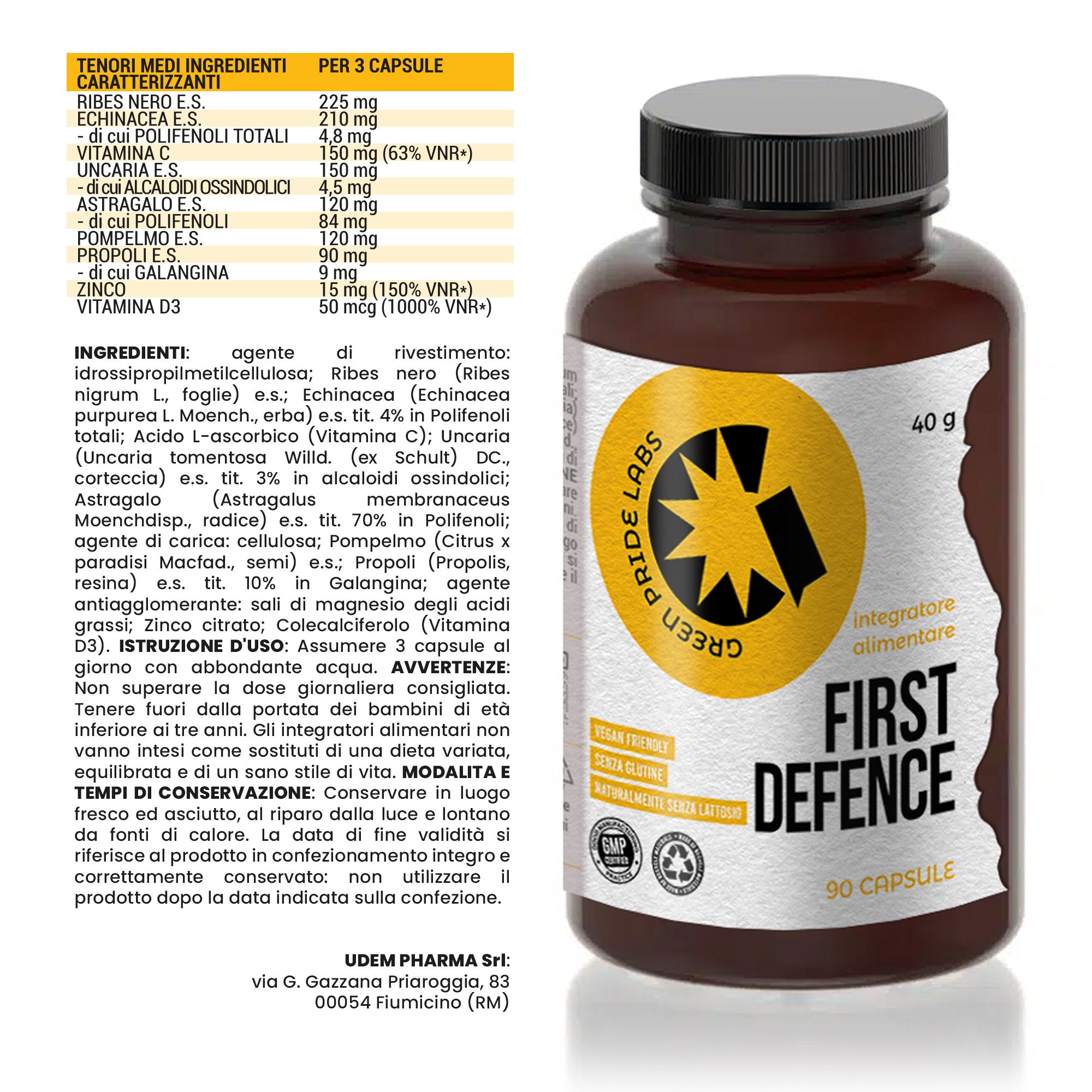 Flacone con etichetta che mostra ingredienti e dettagli. Include un elenco di ingredienti per capsula e istruzioni per l'uso.