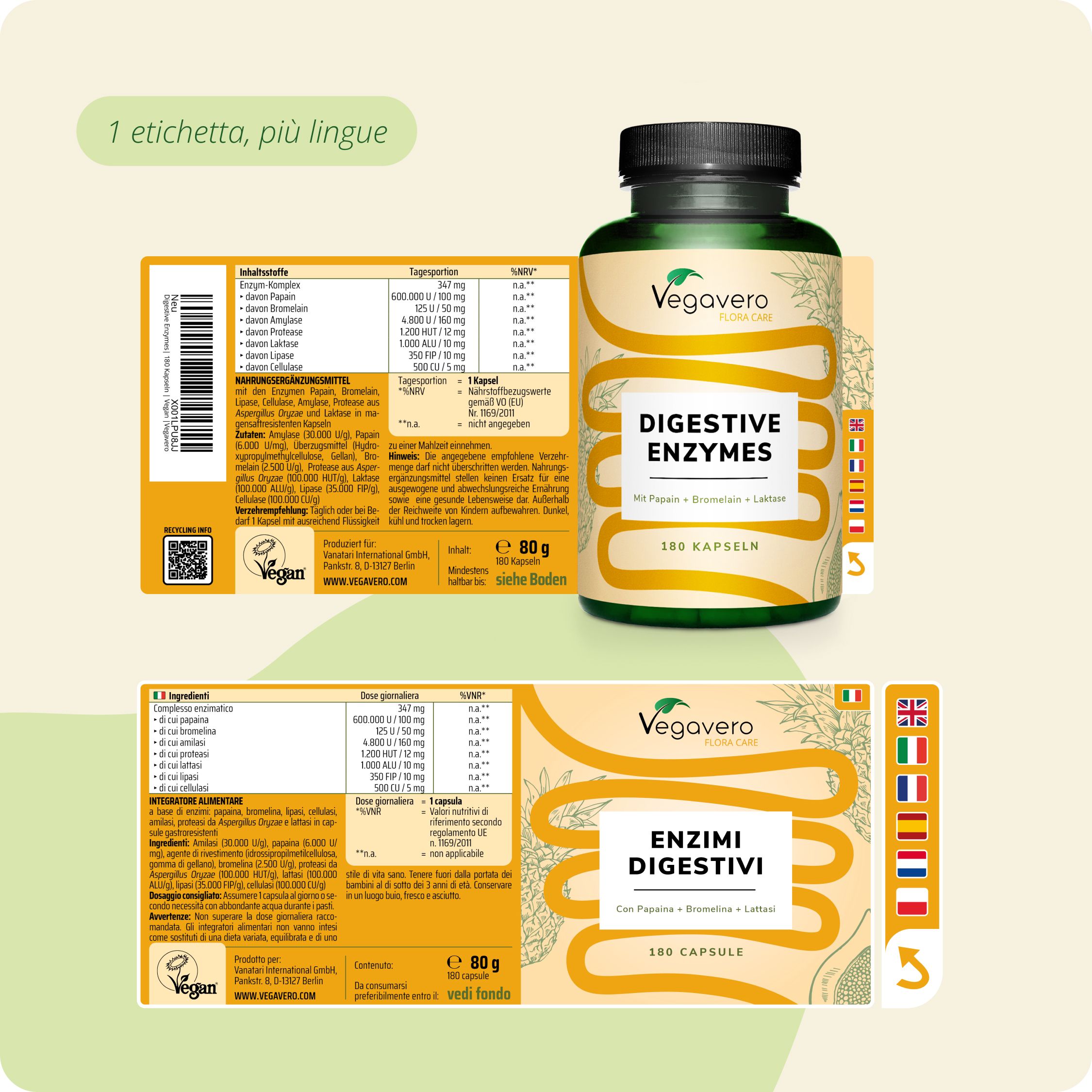 Barattolo Vegavaro Digestive Enzymes ed etichette con informazioni nutrizionali multilingue.