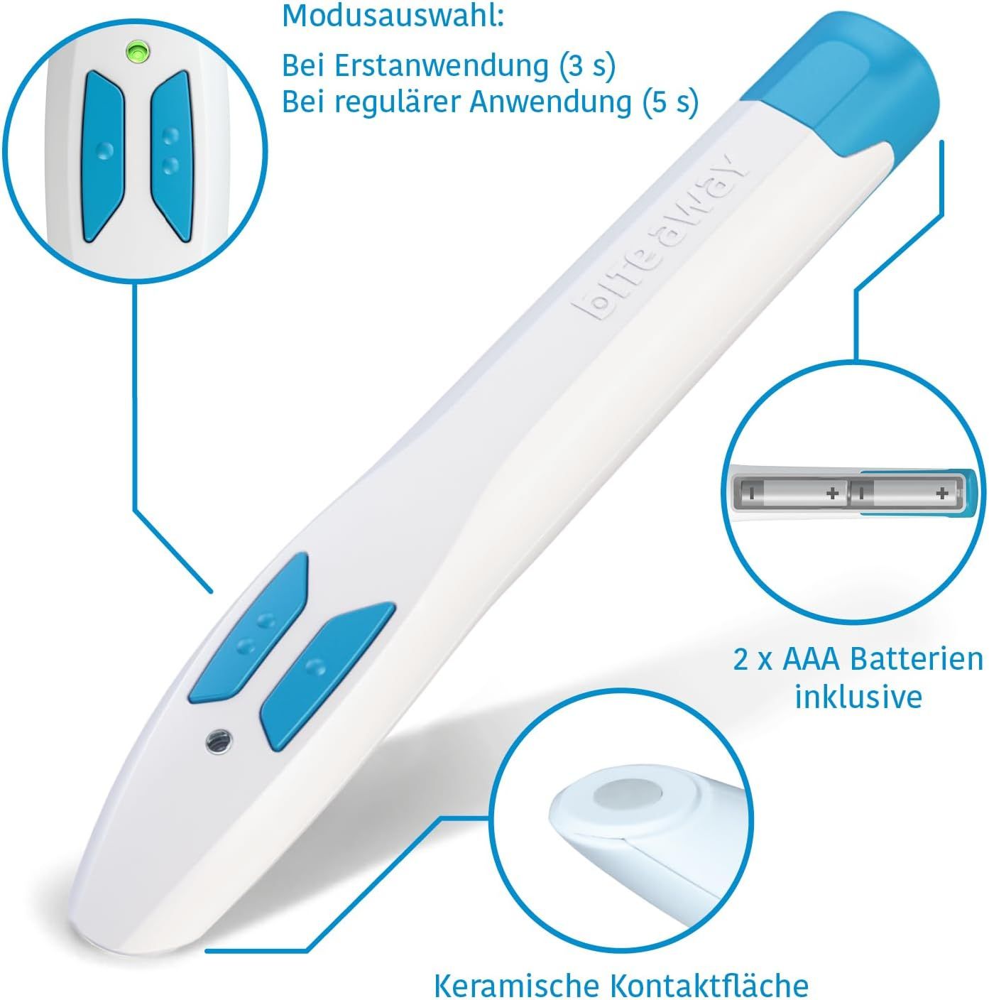 Dispositivo bianco con pulsanti e punta blu. Selezione modalità e batterie (2xAAA). Superficie di contatto in ceramica.