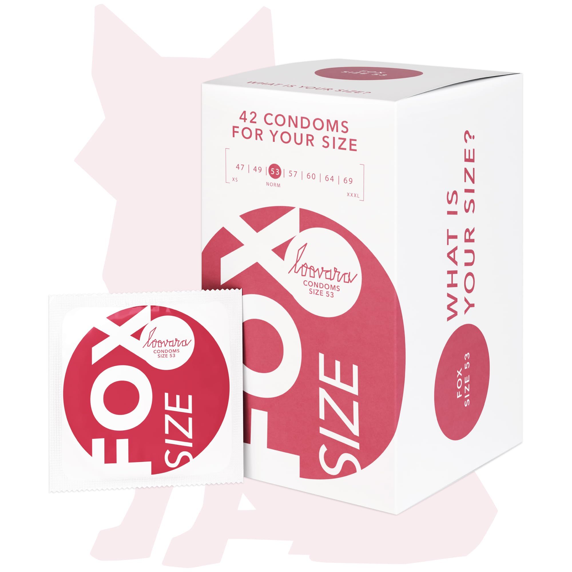 Confezione da 42 preservativi Loovara, taglia 53. Scritta 'FOX SIZE 53'.