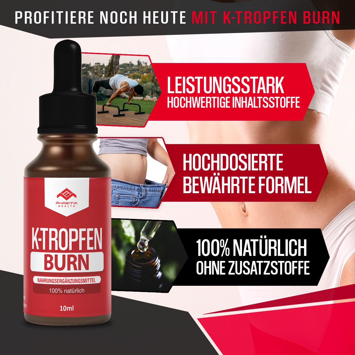 Flacone K-Tropfen BURN, etichetta rossa, contagocce nero. Grafici: pancia, atleta, goccia. Testo: Potente, ad alto dosaggio, 100% naturale.